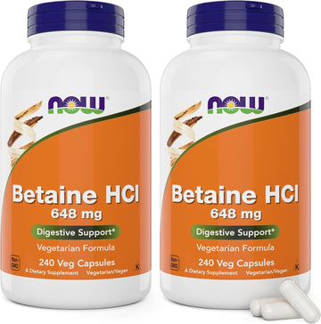 Now Betaine Hcl 648Mg 240 Veg Capsules (Pack Of 2) - Digestive Enzymes Supplement - Enhanced With Pepsin Protease For Protein Digestion Support