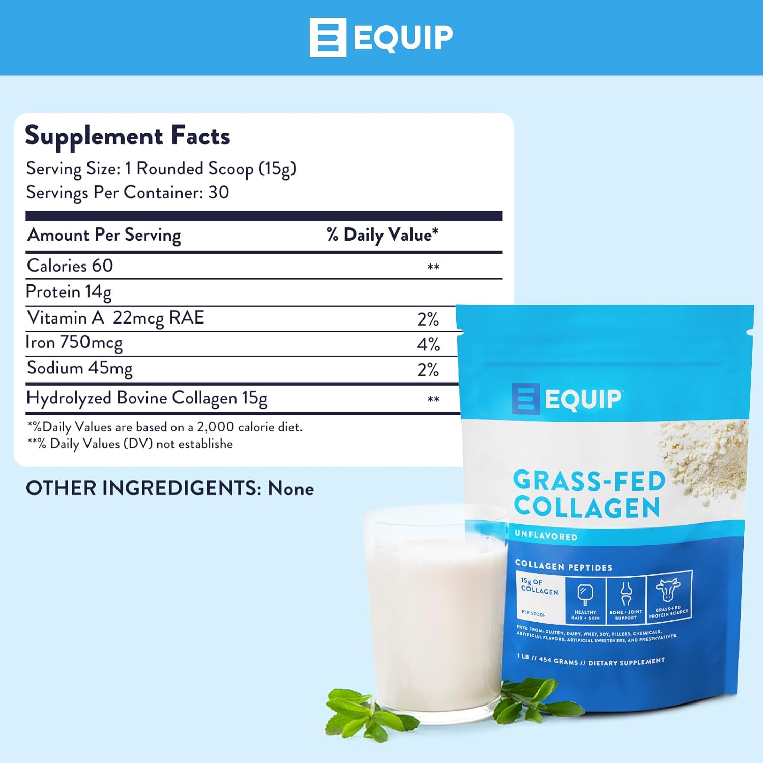 Equip Foods Grass Fed Collagen Powder -100% Hydrolyzed Bovine Collagen Peptides with Amino Acids - Prime Beef Collagen for Healthy Joints, Skin, & Nails - 1 Pound, Unflavored : Health & Household