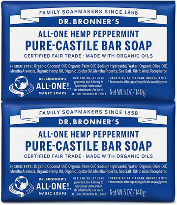 Dr. Bronner's - Pure-Castile Bar Soap (Peppermint, 5 ounce, 2-Pack) - Made with Organic Oils, For Face, Body and Hair, Gentle and Moisturizing, Biodegradable, Vegan, Cruelty-free, Non-GMO