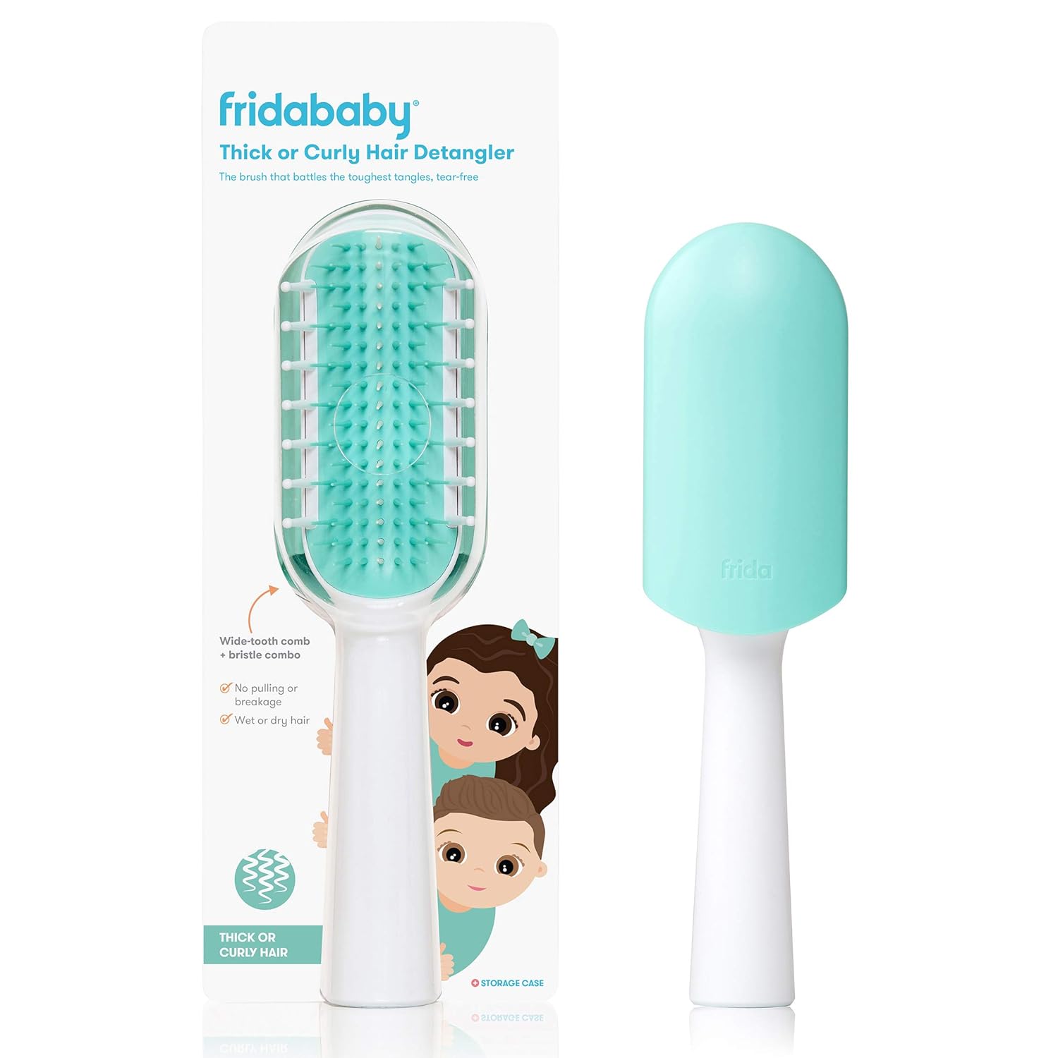 Frida Baby Thick or Curly Hair Detangling Kids Brush by Fridababy, Detangles Knots Without Tears or Breakage, Comb Teeth and Bristle Design, White/Blue,1 Count