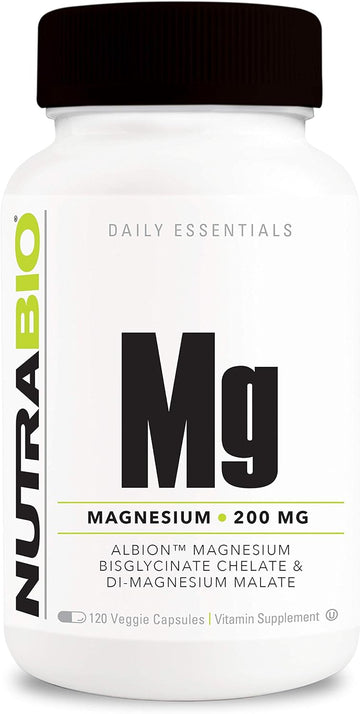 NutraBio Reacted Magnesium Supplement - Muscle Relaxation - Bone Formation - 120 Vegetable Capsules, 200mg per Serving