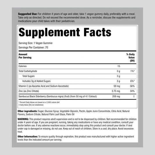 Piping Rock Kids Elderberry Gummy Vitamins | 70 Gummies | With Zinc And Vitamin C | Vegan Formula | Berry Flavor | Non-Gmo, Gluten Free Supplement