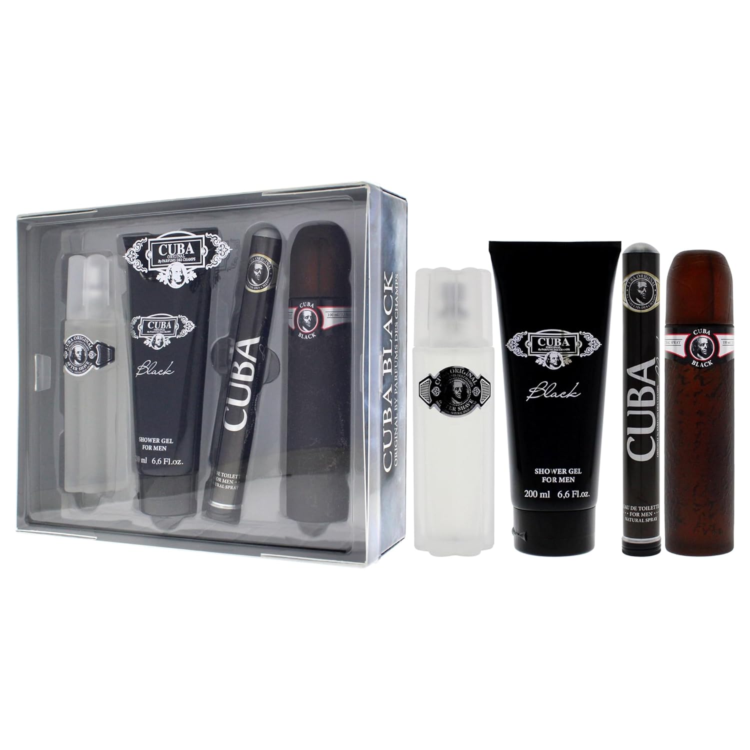Cuba Cuba Black Men 4 Pc Gift Set 3.3Oz Edt Spray, 1.7Oz Edt Spray, 3.3Oz After Shave, 6.7Oz Shower Gel, (I0101683) : Beauty & Personal Care