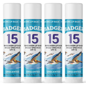 Badger Sunscreen Lip Balm Spf 15, Organic Mineral Sunscreen Spf Lip Balm With Zinc Oxide, Reef Friendly, Broad Spectrum, Water Resistant, Unscented, .15 Oz (4 Pack)