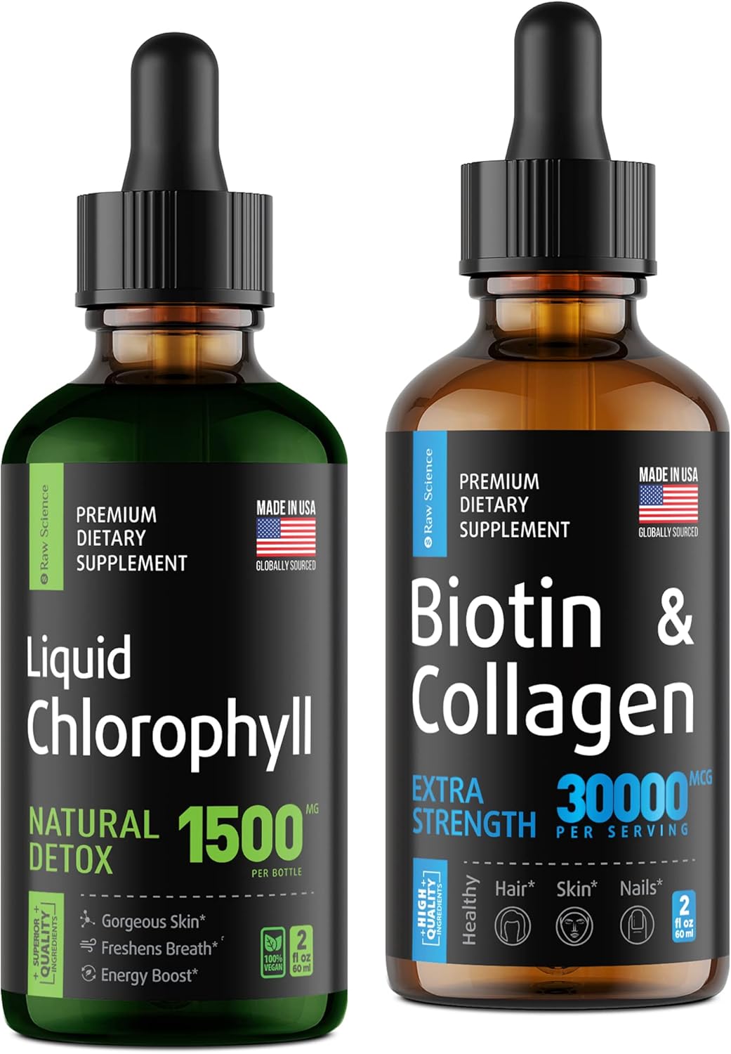 Raw Science Boost Self-Confidence Set - Fresh Breath & Shiny Hair: Chlorophyll Liquid Drops 1500 Mg And Liquid Collagen And Biotin Drops 30000 Mcg