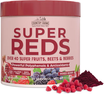 Country Farms Super Reds, Energizing Polyphenol Superfood, 48 Super Fruits And Berries, Powerful Antioxidants And Polyphenols, Supports Energy, 20 Servings, Mixed Berry Flavor