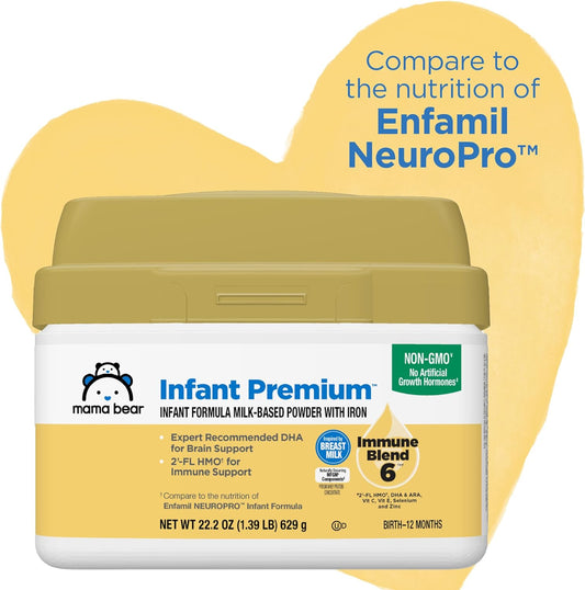 Amazon Brand - Mama Bear Infant Milk-Based Baby Formula Powder with Iron, 2'FL HMO, Omega-3 DHA and Choline, Brain, Growth, Immunity, Non-GMO, 22.2 Oz