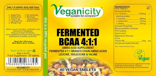 Veganicity Fermented Bcaas 4:1:1 1000Mg : Amino Acid Supplement : 60 Tablets, In A Planet-Friendly 99% Recycled Pot