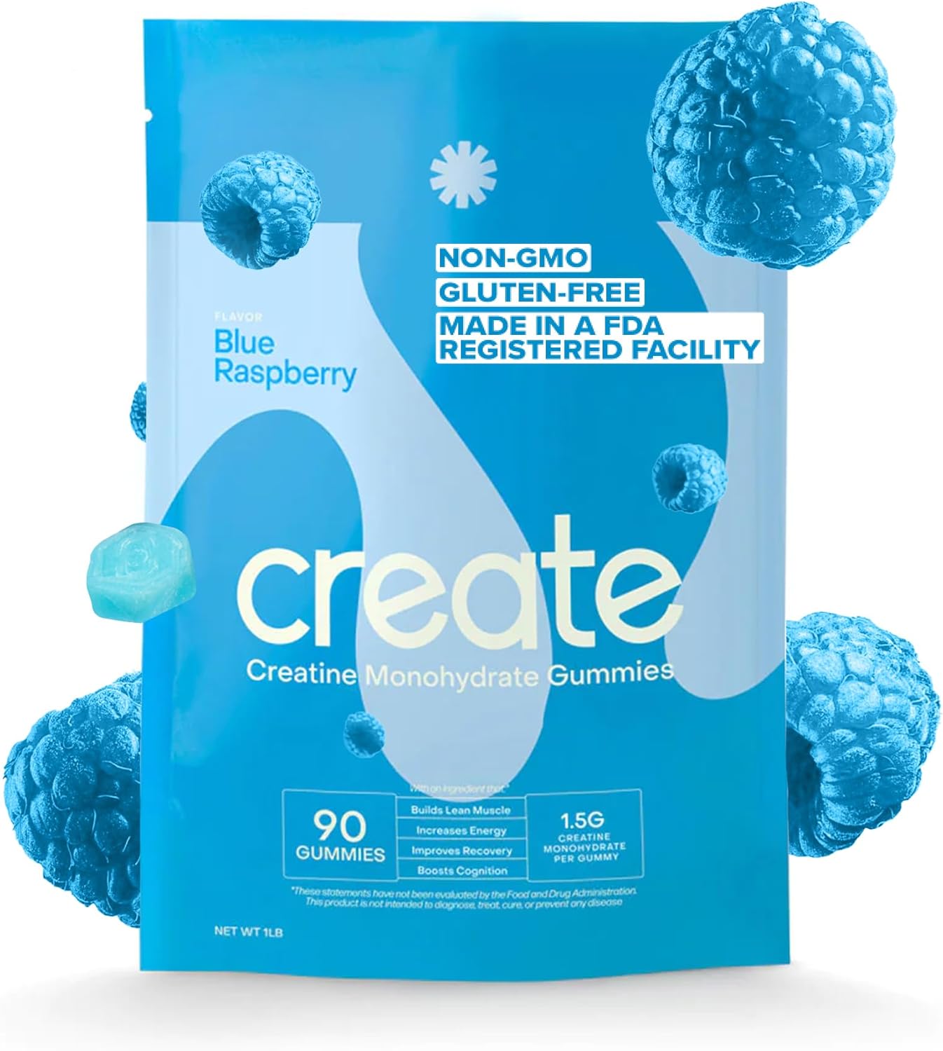 Create Creatine Monohydrate Gummies For Men & Women, Boost Focus, Strength, And Endurance, Anti-Melting Formula, Vegan, Gluten-Free, Non-Gmo, 1.5G Of Creatine Per Gummy (Blue Raspberry, 90Ct)