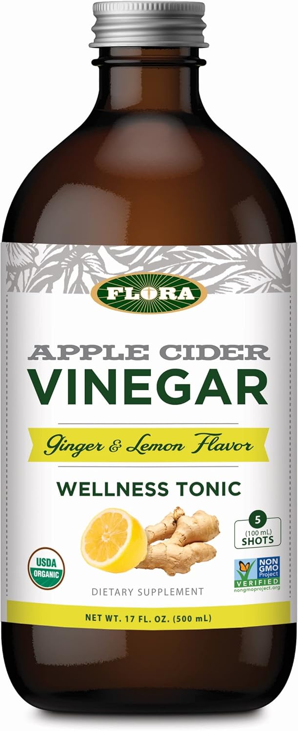 Flora - Apple Cider Vinegar - Ginger & Lemon Flavor, Wellness Tonic, Non Gmo Dietary Supplement, Contains Five 100Ml Shots, 17-Fl. Oz. Glass Bottle