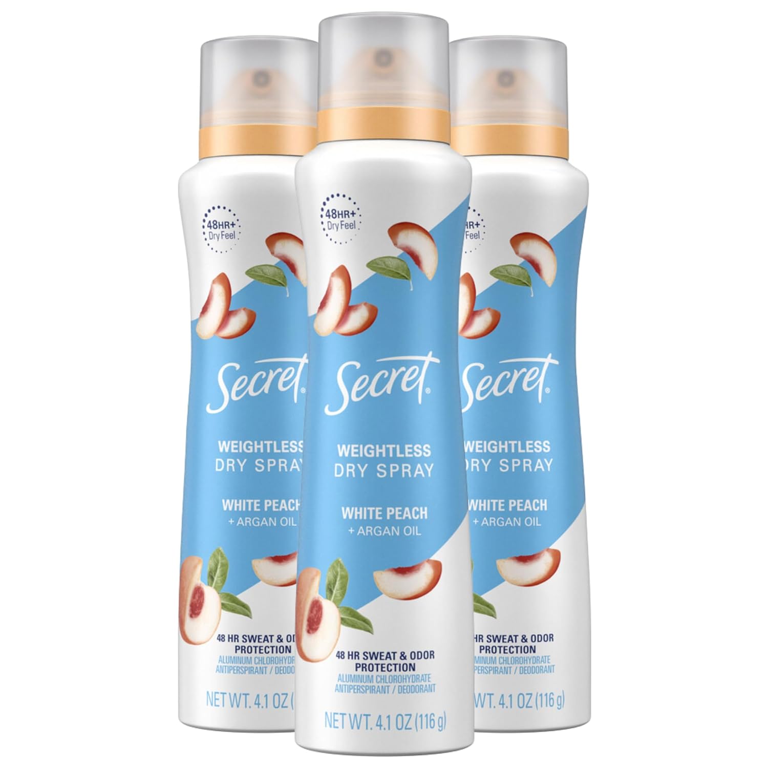 Secret Dry Spray Antiperspirant Deodorant For Women, White Peach And Argan Oil, 48Hr Odor Protection 4.1Oz (Pack Of 3)