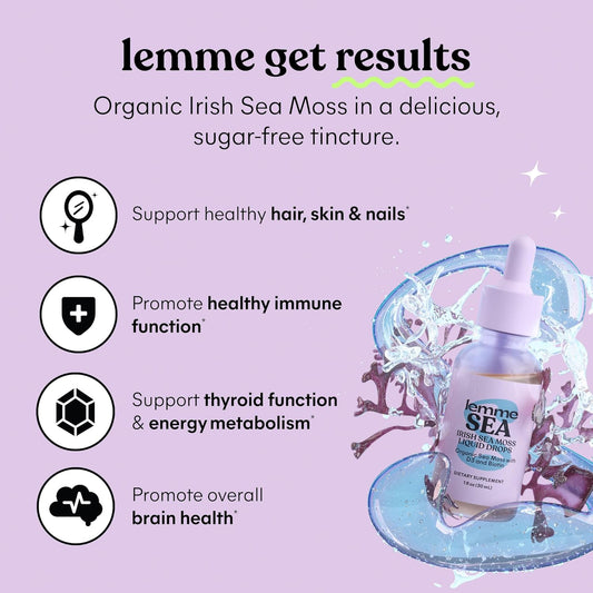 Lemme Irish Sea Moss Organic Liquid Drops With Vitamin D3 And Biotin For Trace Mineral Support, Immunity, Hair, Skin & Nails, Brain Health - Gluten & Sugar Free, Non Gmo, 1 Oz, 30 Servings