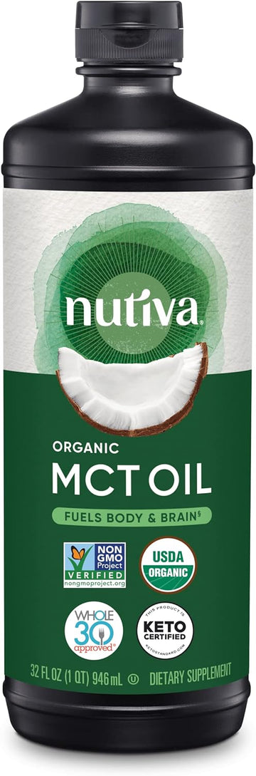 Nutiva Organic MCT Oil, Unflavored, 32 Oz, USDA Organic, Non-GMO, Non-BPA, Whole30 Approved, Vegan, Gluten-Free & Keto, 14g MCT per Serving & Neutral Flavor for Coffee, Shakes and Salads