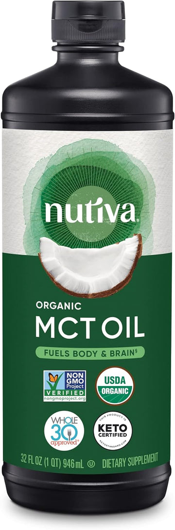 Nutiva Organic Mct Oil, Unflavored, 32 Oz, Usda Organic, Non-Gmo, Non-Bpa, Whole30 Approved, Vegan, Gluten-Free & Keto, 14G Mct Per Serving & Neutral Flavor For Coffee, Shakes And Salads