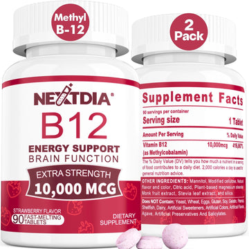 Vitamin B12, Methylcobalamin 10000 Mcg, Active B12 Vitamins, Vegan Methyl B12 For Energy Metabolism & Brain Health, Boost Immune System, Natural Strawberry Flavor, Zero Sugar, 90 Fast Dissolve Tablets