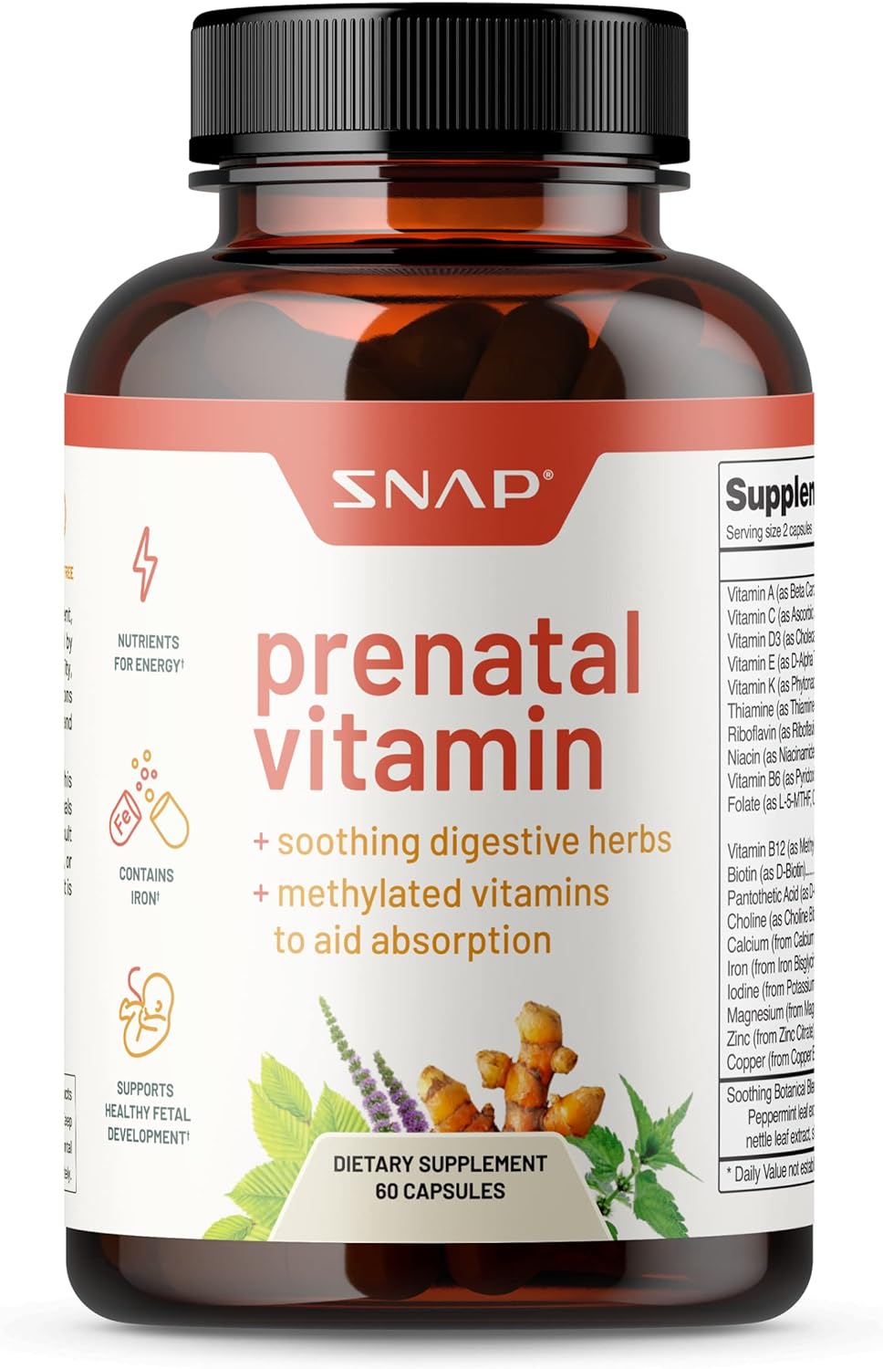 Snap Supplements Prenatal Vitamin With Iron, Vitamin B12, Folic Acid, Botanical Blend To Help Relieve Nausea In Pregnancy, Nutrients For Energy, Vegan, Organic Prenatal Vitamins For Women, 60 Count
