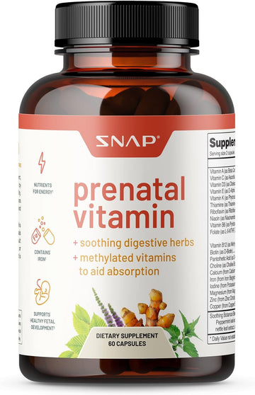 Snap Supplements Prenatal Vitamin With Iron, Vitamin B12, Folic Acid, Botanical Blend To Help Relieve Nausea In Pregnancy, Nutrients For Energy, Vegan, Organic Prenatal Vitamins For Women, 60 Count