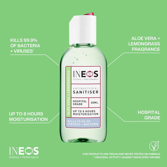 Ineos Mini Antibacterial Hand Sanitiser Gel 50Ml - Aloe & Lemongrass - Hospital Grade Disinfectant, Eliminates 99.9% Of Viruses And Bacteria, 12 X 50Ml, Travel, Holiday, And Festival Essentials
