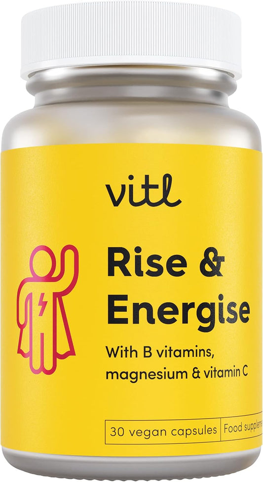 Vitl Rise & Energise Energy Boosting Supplement - 30 Vegan Capsules - With B Vitamins, Vitamin C & Korean Ginseng - Tiredness & Fatigue Fighting Minerals To Normalise Energy Metabolism