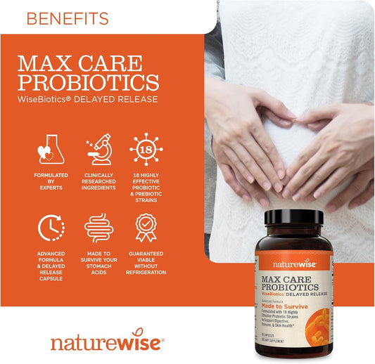 Naturewise Max Probiotics For Women & Men - 30 Billion Cfu 18 Strains With Prebiotics - Advanced Probiotics For Digestive Health - Delayed-Release Capsules, Gluten Free - 60 Capsules[2-Month Supply]