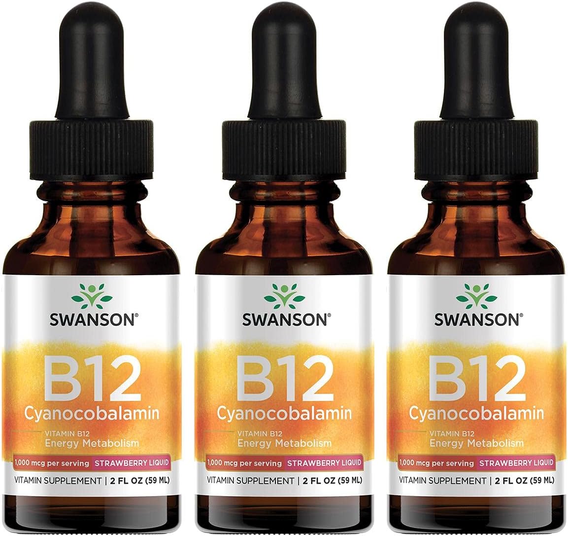 Swanson Vitamin B12 Cyanocobalamin - Strawberry Liquid 1,000 Mcg 2 Fl Oz Liq 3 Pack