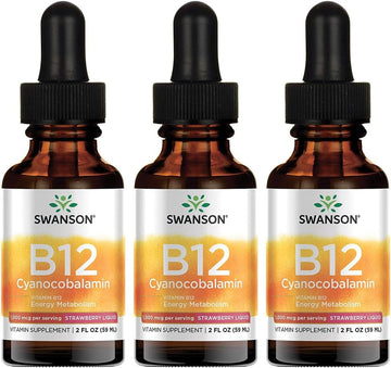 Swanson Vitamin B12 Cyanocobalamin - Strawberry Liquid 1,000 Mcg 2 Fl Oz Liq 3 Pack