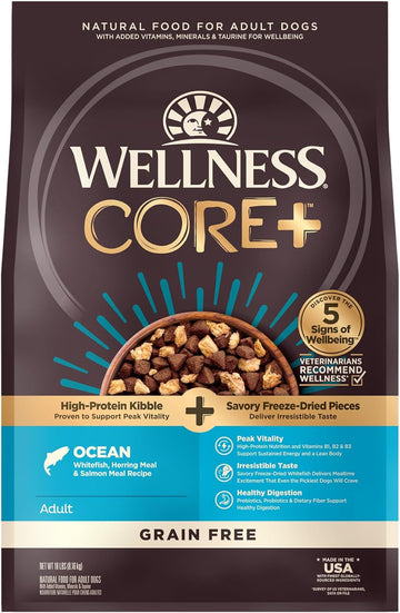 Wellness CORE+ Grain-Free Dry Dog Food, Natural Ingredients, Made in USA with Real Freeze-Dried Meat (Adult, Ocean, 18 lbs)