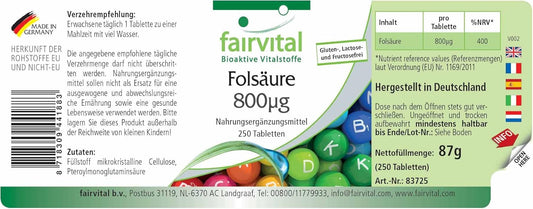 Fairvital | Folic Acid 800mcg - Vitamin B9-250 Tablets