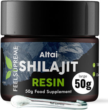 Feel Supreme - Natural Black Altai Shilajit Resin - 100% Pure Shilajit, Additive Free, 80 Trace Minerals Including Magnesium, Fulvic Acid, And Zinc Ethically Sourced, Shilajit For Men And Women - 50G