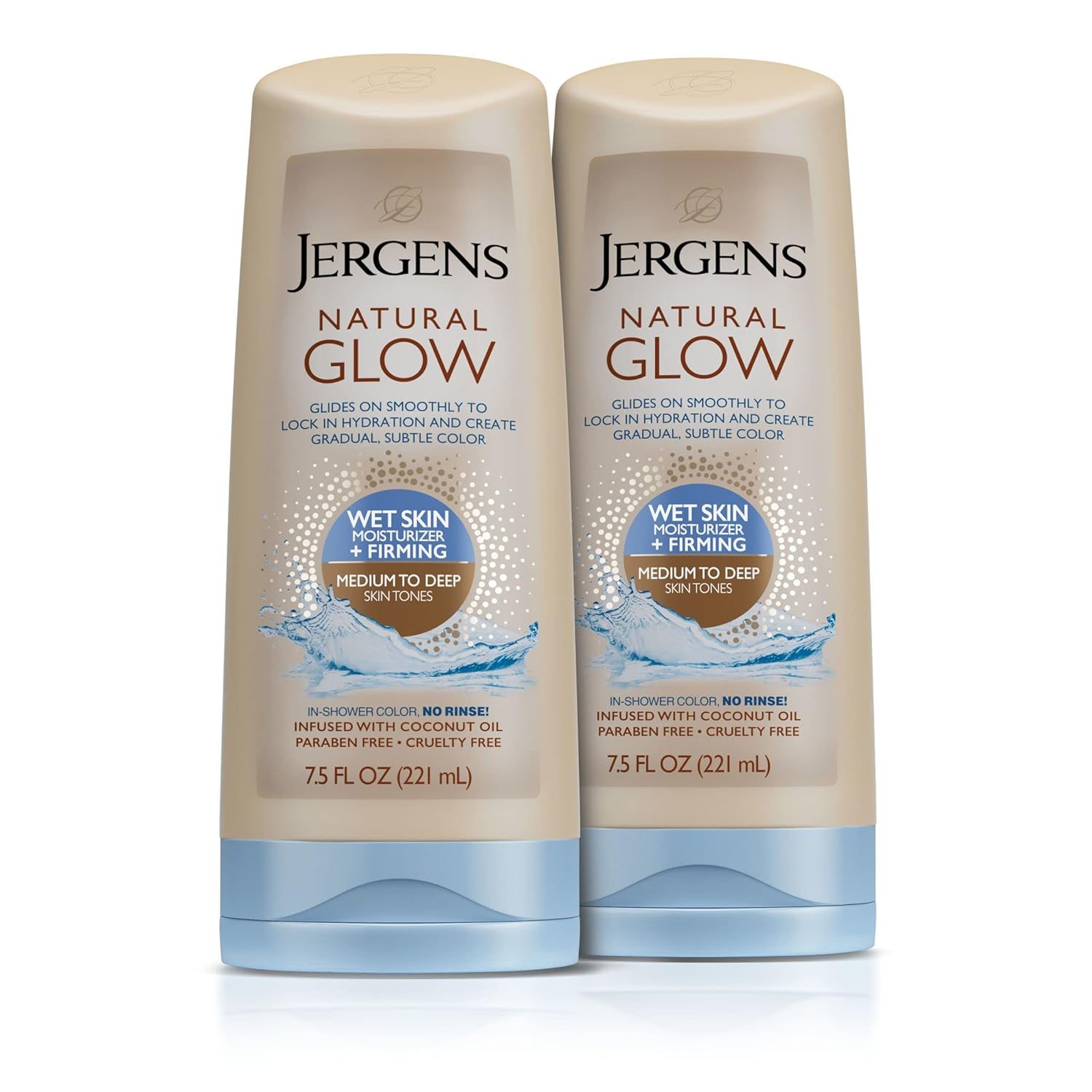 Jergens Natural Glow +FIRMING In-shower Self Tanner Body Lotion, Sunless Tanning for Medium to Tan Skin Tone, Anti Cellulite Firming Moisturizer, Gradual Fake Tan, 7.5 Ounce (Pack of 2)