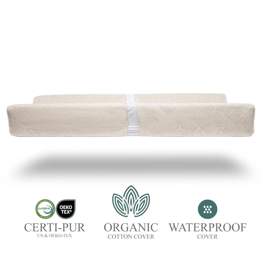 Organic Cotton Contoured Baby Changing Pad W/Waterproof Foam Mattress, Includes Soft, Removable & Washable Cover, Safety Strap, Non-Slip Bottom, Topper For Standard Size Infant Diaper Table & Dresser