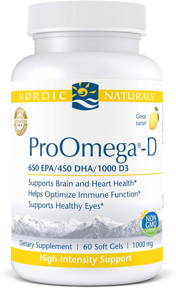 Nordic Naturals ProOmega-D, Lemon Flavor - 60 Soft Gels - 1280 mg Omega-3 + 1000 IU D3 - High-Potency Fish Oil - EPA & DHA - Brain, Eye, Heart, Joint, & Immune Health - Non-GMO - 30 Servings