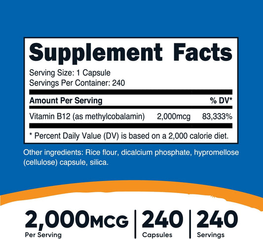 Nutricost Vitamin B12 (Methylcobalamin) 2000Mcg, 240 Capsules - Vegetarian Caps, Non-Gmo, Gluten Free B12 Supplement