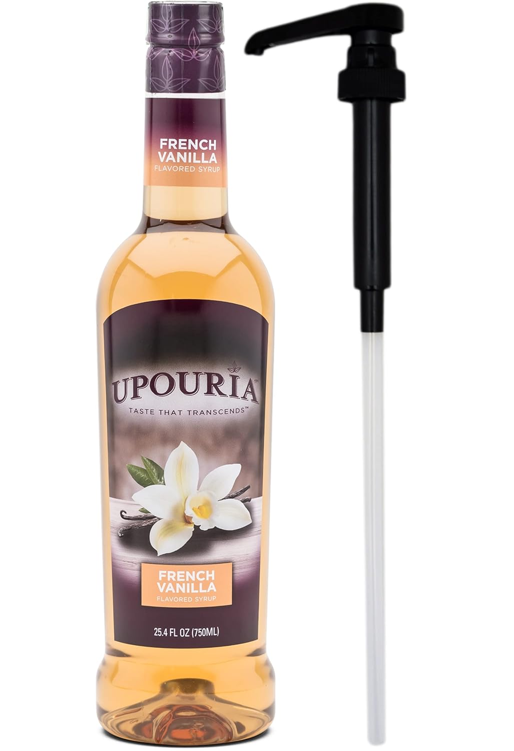 Upouria French Vanilla Coffee Syrup Flavoring, 100% Vegan, Gluten Free, Kosher, 750 mL Bottle - Coffee Syrup Pump Included