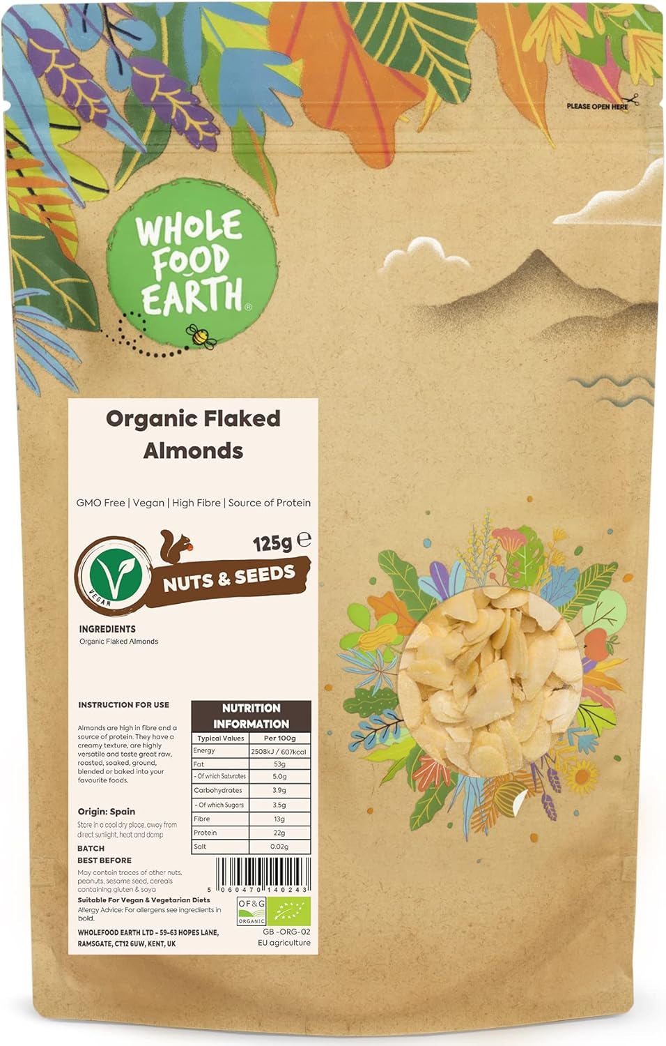 Wholefood Earth Organic Flaked Almonds – 125G | Gmo Free | High Fibre | Source Of Protein | Certified Organic (Packaging May Vary)
