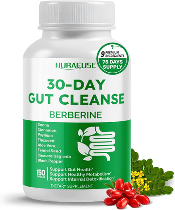30-Day Gut Cleanse With Berberine And Senna, Cinnamon, Psyllium, Flaxseed, Aloe Vera– Supports Gut Health, Healthy Metabolism – 150 Capsules – Made In The Usa