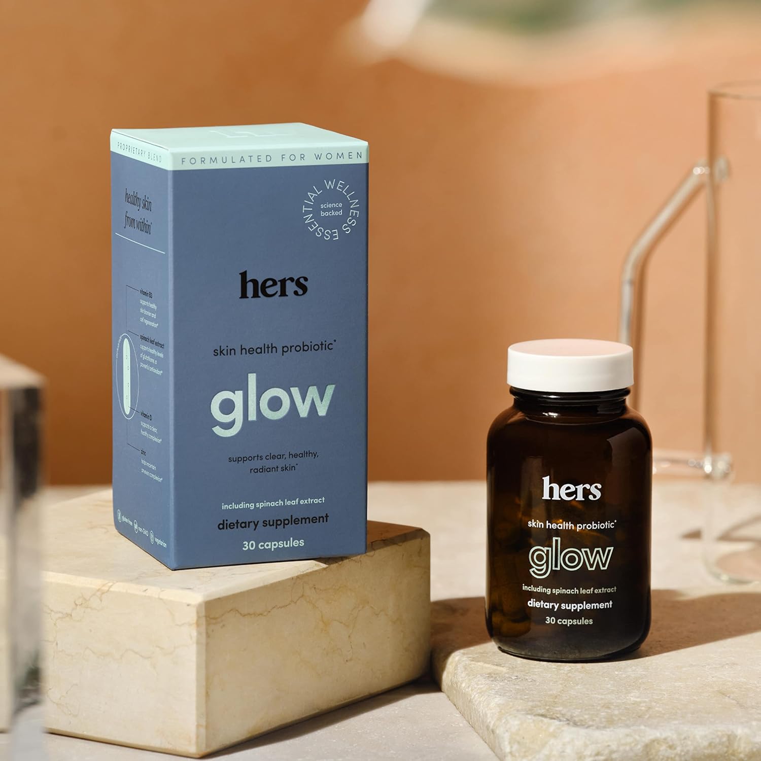 Hers Glow Supplement - Women's Probiotic Supplement for Skin - Supports Clear, Radiant Skin - Gluten Free, Non-GMO, Vegetarian - 30 Capsules : Health & Household