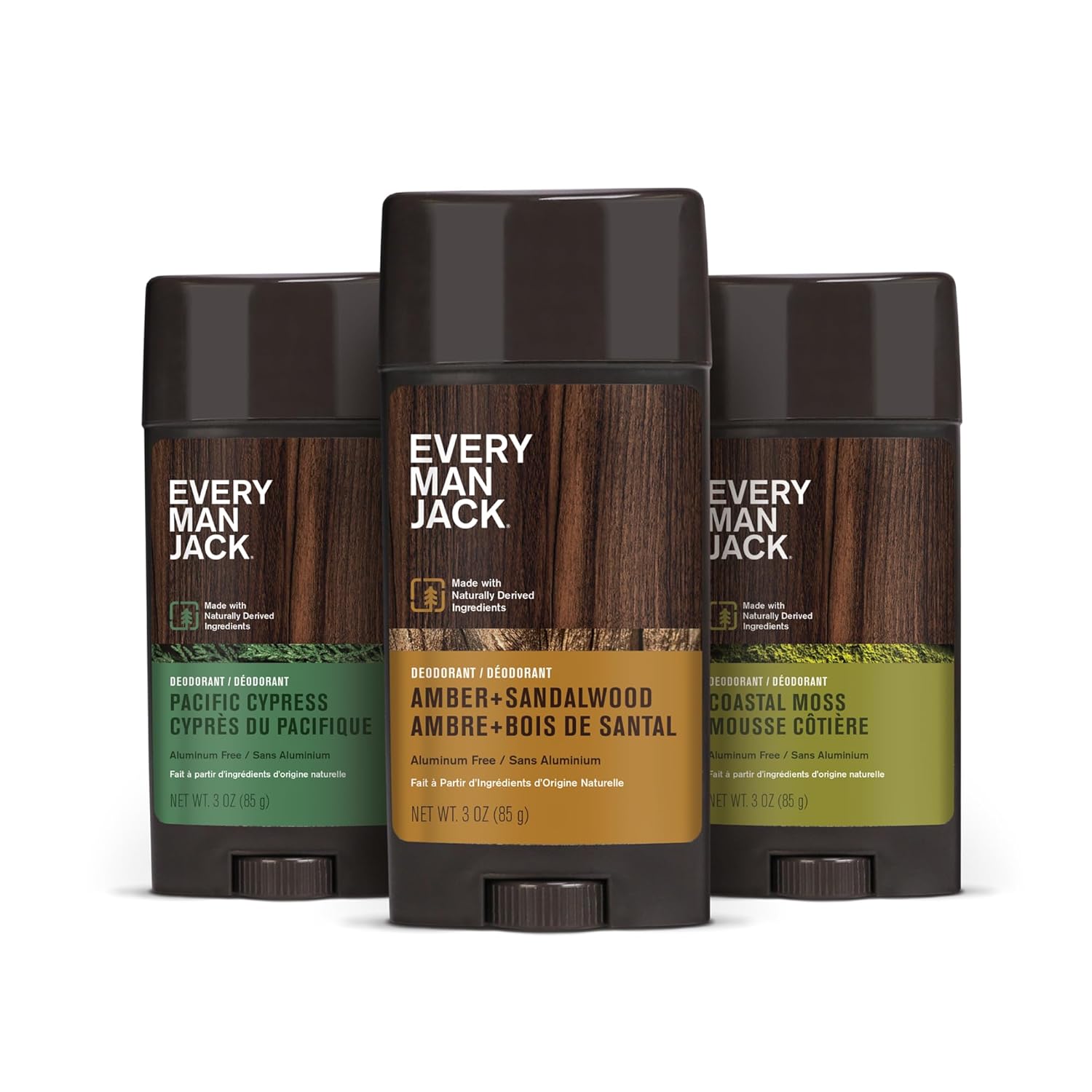 Every Man Jack Men'S Deodorant Variety Set - Includes Three Full-Sized Deodorant Sticks With Clean Ingredients & Incredible Scents - Pacific Cypress, Amber + Sandalwood, Coastal Moss - 3Oz