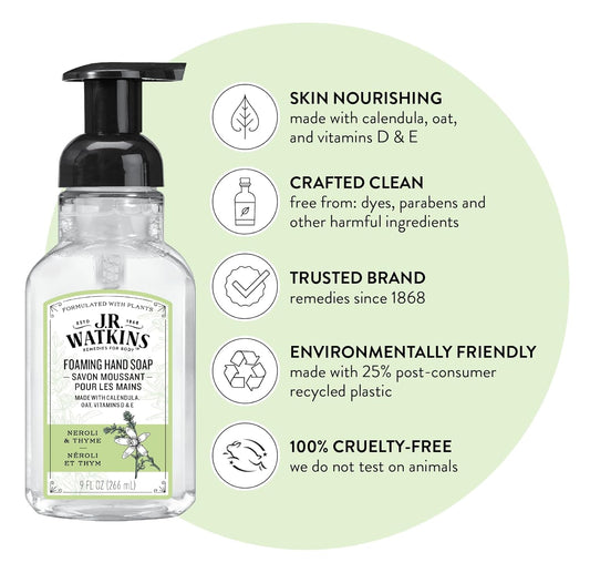 J.R. Watkins Foaming Hand Soap With Pump Dispenser, Moisturizing Foam Hand Wash, All Natural, Alcohol-Free, Cruelty-Free, Usa Made, Neroli & Thyme, 9 Fl Oz, 3 Pack