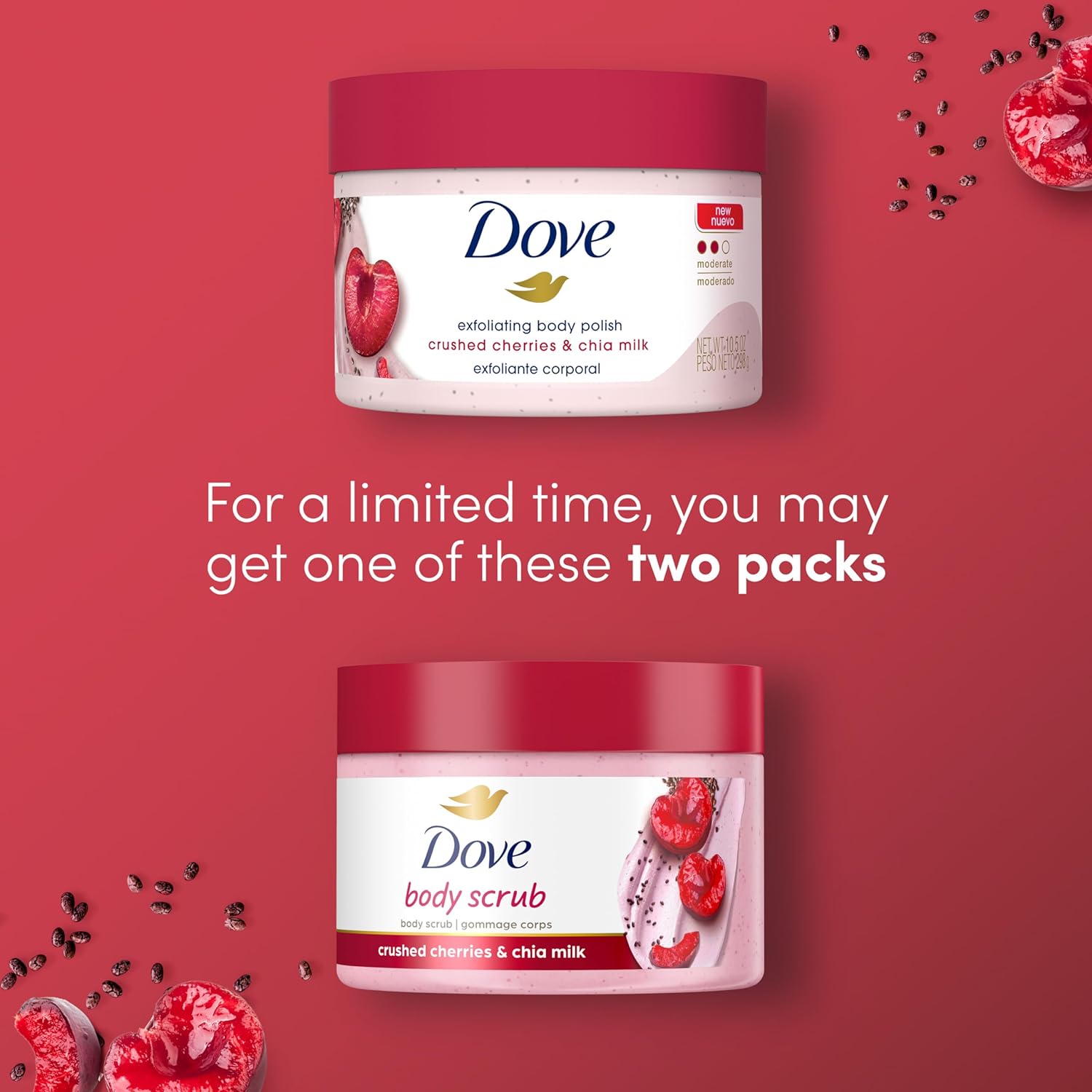 Dove Exfoliating Body Polish Crushed Cherries & Chia Milk Skin Care for Revitalized Skin Formulated with 1/4 Moisturizing Cream 10.5 oz : Beauty & Personal Care