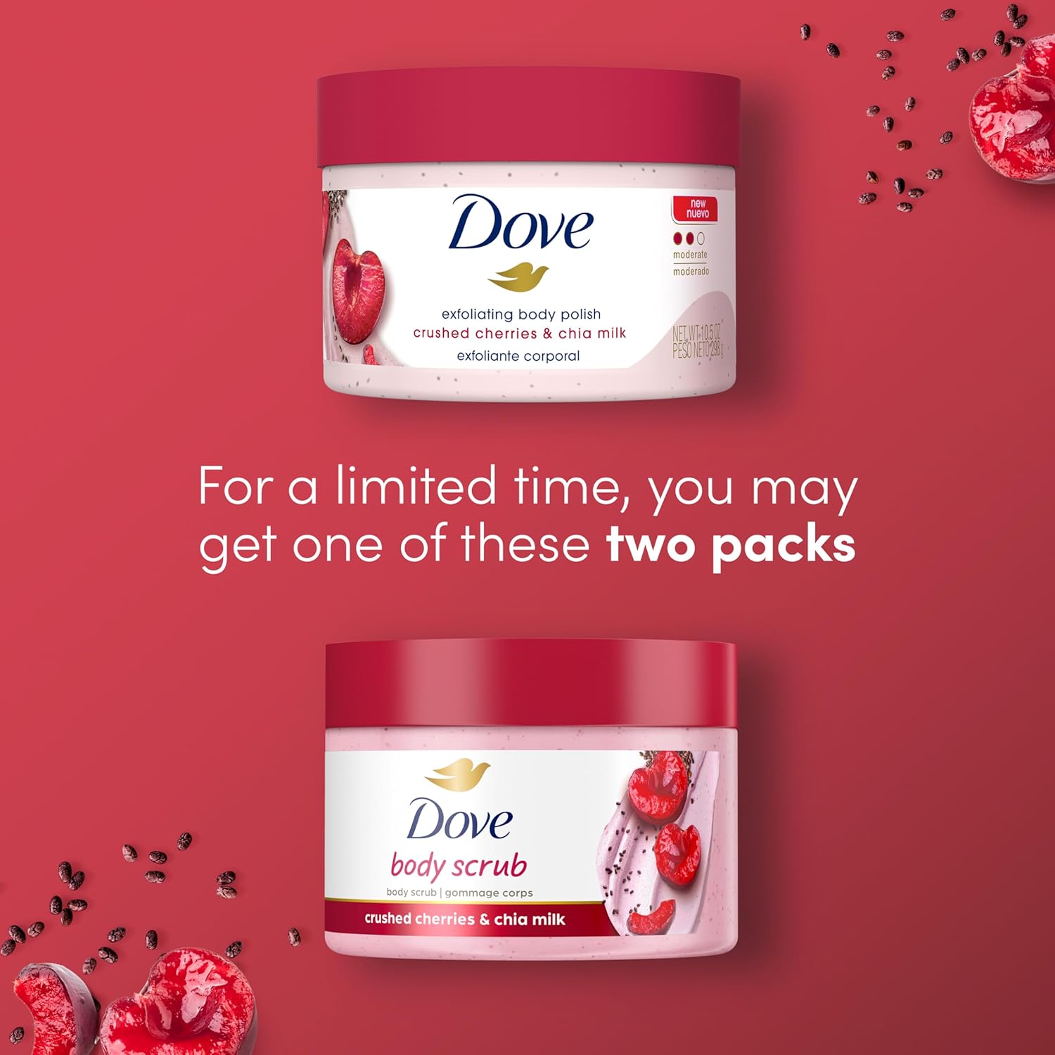 Dove Exfoliating Body Polish Crushed Cherries & Chia Milk Skin Care For Revitalized Skin Formulated With 1/4 Moisturizing Cream 10.5 Oz : Beauty & Personal Care