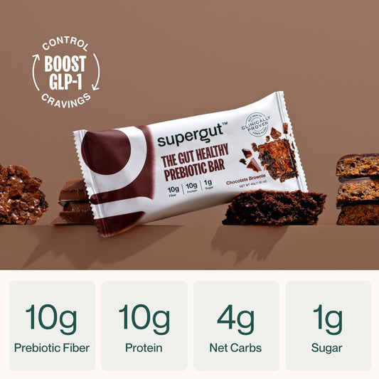 Supergut Glp-1 Boosting Prebiotic Bars, Chocolate Brownie - Gut Healthy Protein Snacks & Breakfast Bars - Keto-Friendly Meal Replacement Energy Bars (12 Count)