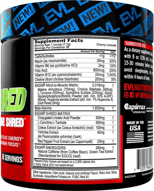 Evl Ultimate Pre Workout Powder - Thermogenic Fat Burner Preworkout Powder Drink For Lasting Energy Focus And Stamina - Engn Shred Intense Fat Burning Creatine Free Preworkout Drink - Cherry Limeade