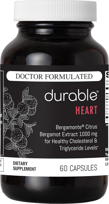 Durable Heart 1,000 Mg Extra-Strength Bergamonte Citrus Bergamot & Olive Leaf Extract + Non-Gmo Vitamin C - Natural Heart Supplements, Healthy Cholesterol Support - Made In Usa (1 Bottle)