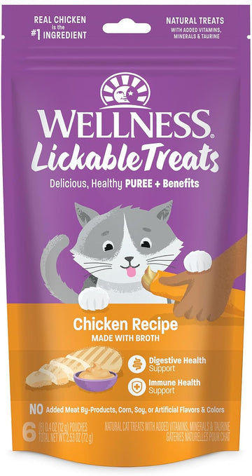 Wellness Lickable Treats Soft Puree Natural Grain Free Adult Cat Treats, Chicken Recipe, Contains 6-0.4 Ounce Squeezable Tubes