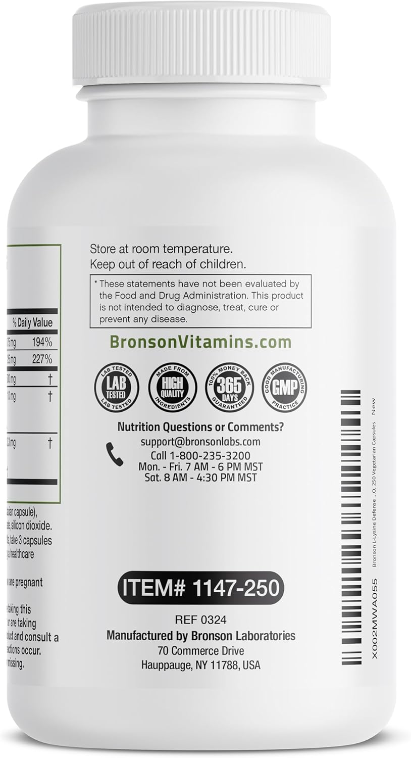 Bronson L-Lysine Defense Immune Support Complex 1500 MG L-Lysine Plus Olive Leaf, Garlic, Vitamin C and Zinc - Non-GMO, 250 Vegetarian Capsules : Health & Household