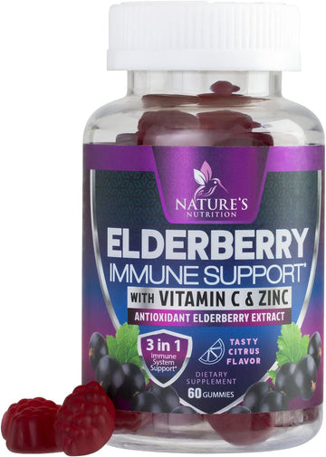 Immune Support Gummies - Powerful Elderberry, Zinc & Vitamin C Gummy, Max Potency Sambucus Black Elderberry Extract Natural Vegan Immune Support Supplement for Adults & Children - 60 Gummies