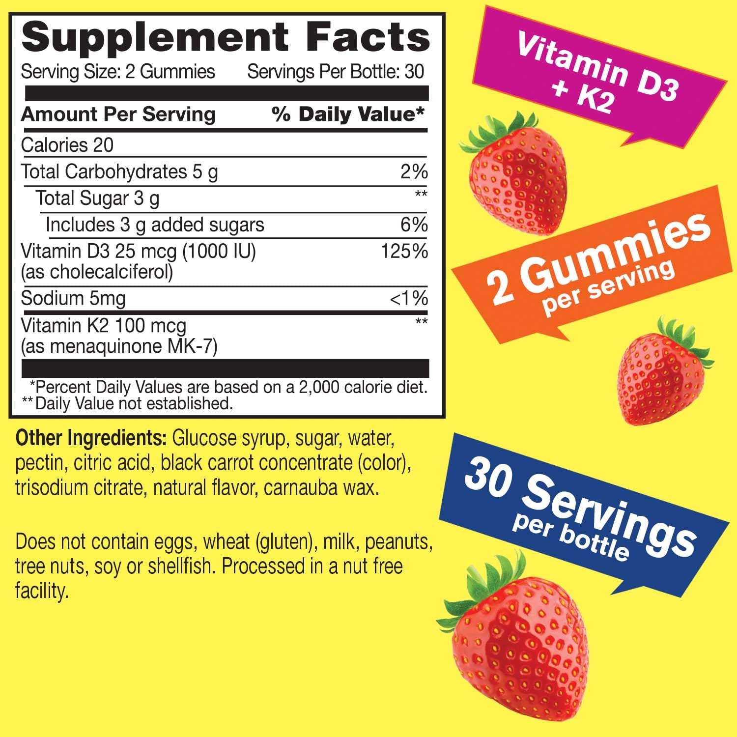Vitamin D3 + K2 Gummies - Vitamin D3 1000 Iu, K2 100 Mcg - Bone And Muscle Health Support, Natural Flavors, Gmo Free, Gluten Free, Vegan - K2 D3 Vitamin Supplement- 60 Gummies