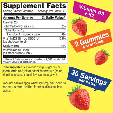 Vitamin D3 + K2 Gummies - Vitamin D3 1000 Iu, K2 100 Mcg - Bone And Muscle Health Support, Natural Flavors, Gmo Free, Gluten Free, Vegan - K2 D3 Vitamin Supplement- 60 Gummies