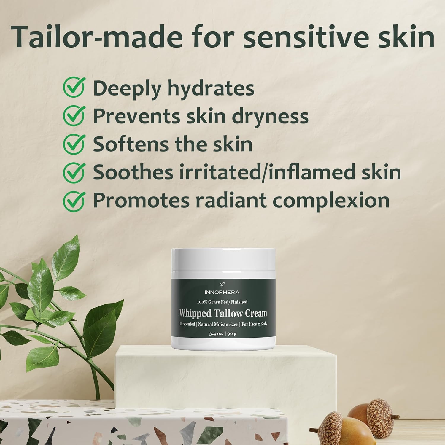 Innophera Whipped Beef Tallow Cream For Skin Care - Grass Fed & Grass Finished - 100% Natural Moisturizer For Sensitive Skin - Handmade Face & Body Lotion - Unscented & Odorless - 1.4 Oz. : Beauty & Personal Care